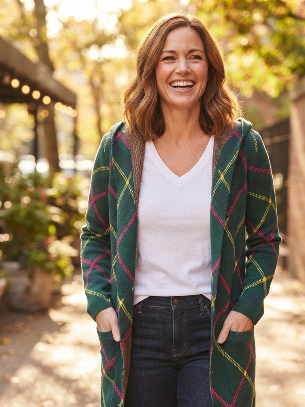 SIZE LARGE Denim & Co.® Heritage Green Plaid Open Front Hooded Cardigan Sweater